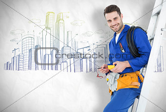 Composite image of happy construction worker leaning on ladder