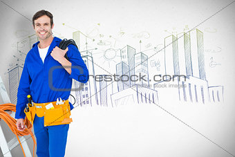 Composite image of happy electrician with wires over white background
