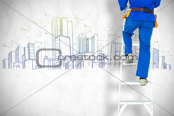 Composite image of low section of carpenter climbing step ladder