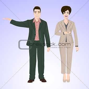 Smiling man and woman in office style wear.