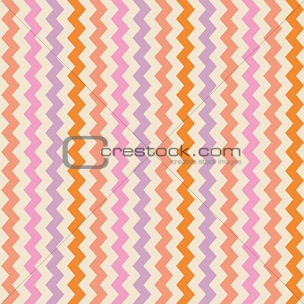 Chevron vector seamless colorful pattern or tile background with zig zag violet, pink and orange stripes on beige background.