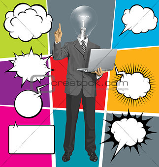 Vector Business Man Shows Something With Finger And Bubble Speec