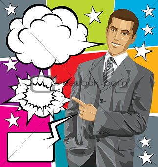 Vector Business Man Show Something With Finger And Big Set Of Bu