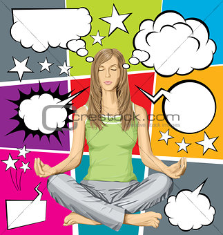 Vector woman meditating in lotus pose with set of speech bubble