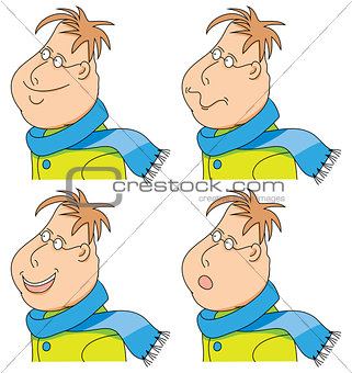 Vector cartoon man with a scarf and coat. emotions. set