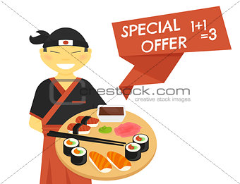 Sushi chef with special offer banner