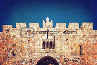 Lion Gate of the ancient wall surrounding  Old City  Jerusalem