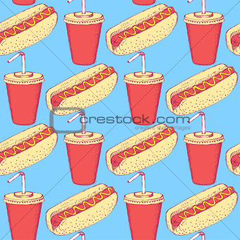 Sketch hotdog and soda in vintage style