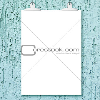 Blank white poster hanging on plaster monochrom wall background.