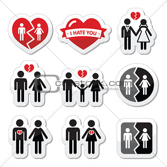 Couple breakup, divorce, broken family vector icons set