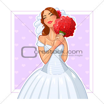 Beautiful bride with bunch of roses