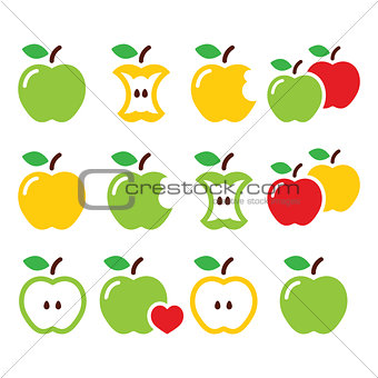 Green and yellow apple, apple core, bitten, half vector icons