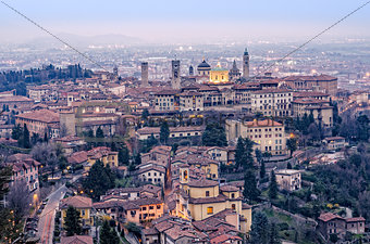 Scenic view of Bergamo old town cityscape fter sunset, Italy, Eu