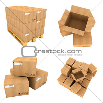 Open and Close of Cardboard Boxes Isolated on White Background. 