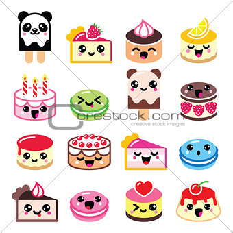 Cute Kawaii dessert - cake, macaroon, ice-cream icons