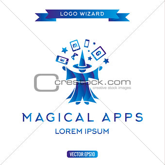Logo magician manages gadgets, electronic equipment icon vector illustration