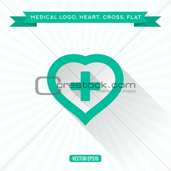 Medical icon flat heart of the cross, low Shadow