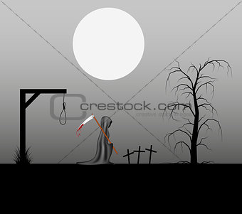 Spooky background with grim reaper with bloody scythe in a cemetery
