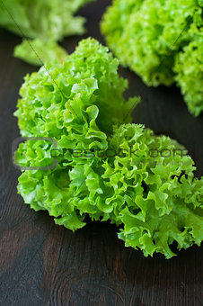 fresh green salad leaves (lettuce) on black wooden table