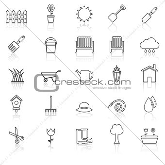 Gardening line icons with reflcet on white