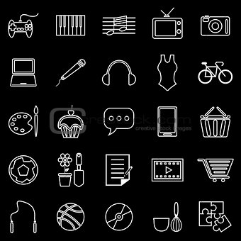 Hobby line icons on black background