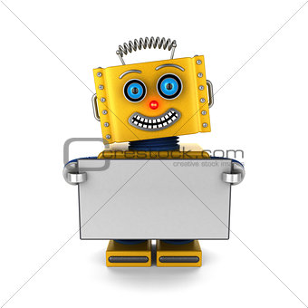 Happy robot holding a blank sign