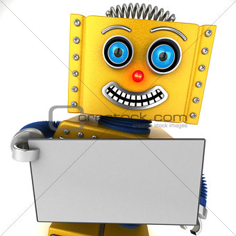 Happy robot holding a blank sign