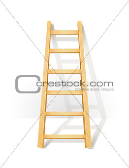 Wooden step ladders stand near white wall