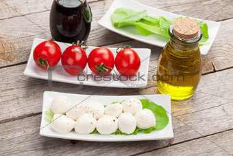 Tomatoes, mozzarella and green salad leaves with condiments