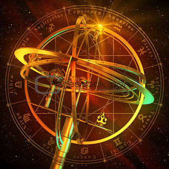 Armillary Sphere With Zodiac Symbols Over Red Background
