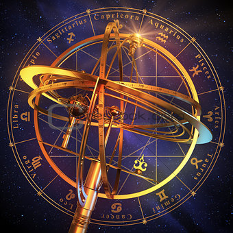 Armillary Sphere With Zodiac Symbols Over Blue Background.