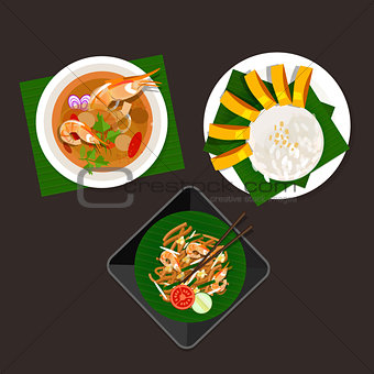 thailand food tom yum sticky rice mango pad thai