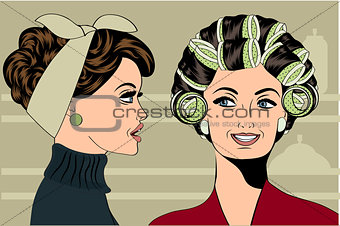 Woman with curlers in their hair talking with her friend