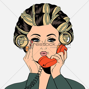 Woman with curlers in their hair talking at phone, isolated on w