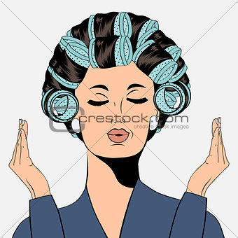 Woman with curlers in their hair, isolated on white
