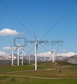 Wind farm at sun spring day