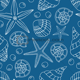 Abstract seamless pattern with hand drawn seashells, pearls and