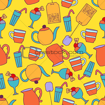 Seamless pattern with hand drawn elements. Tee bags, cups, deser