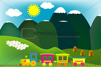 Mountain landscape with cartoon train 