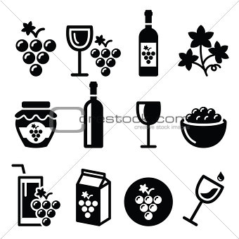 Grapes, wine - food and beverages icons set