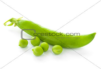 Fresh Sweet Green Pea Pods and Ceeds Isolated on White Background