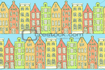 Sketch Amsterdam houses in vintage style