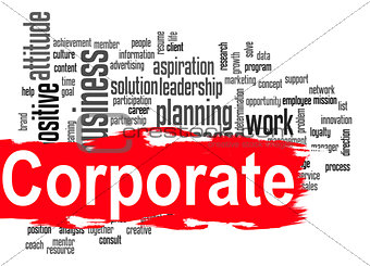 Corporate word cloud with red banner