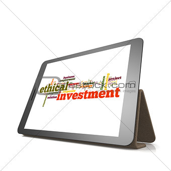 Ethical investmentword cloud on tablet