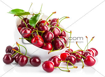 fresh cherry berries with green leaf