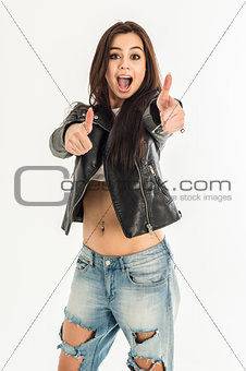 Top view of young attractive woman, two thumbs