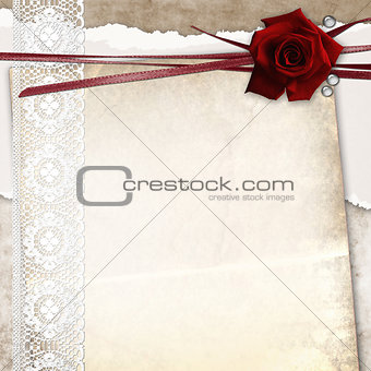 Roses card with lace, ribbons and old grunge paper