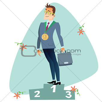 Businessman in first place of the podium business sports competi