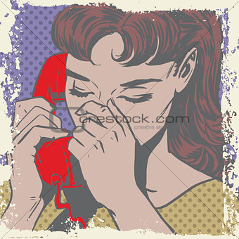 Woman talking on the phone sad pop art comics retro style Halfto