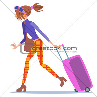 Tourist woman walking with a suitcase journey